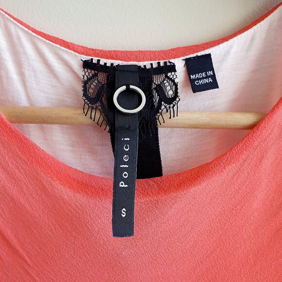 POLECI 100% Silk Cape Sleaveless Blouse in Bright Coral Red Pink Orange - Picture 4 of 16